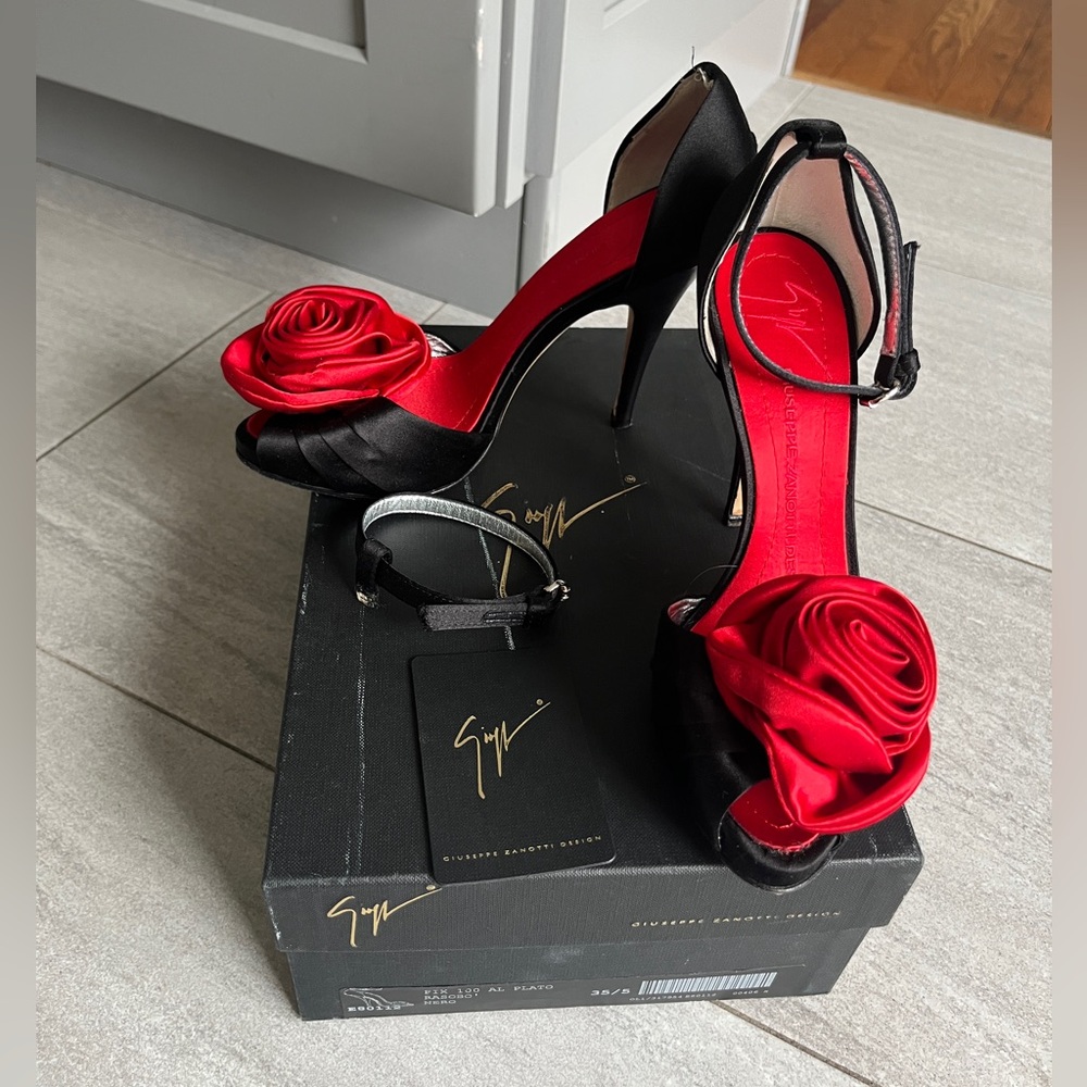 Giuseppe Zanotti Black Satin Peep-Toe Heels with Red Rose Accent - Picture 3 of 6